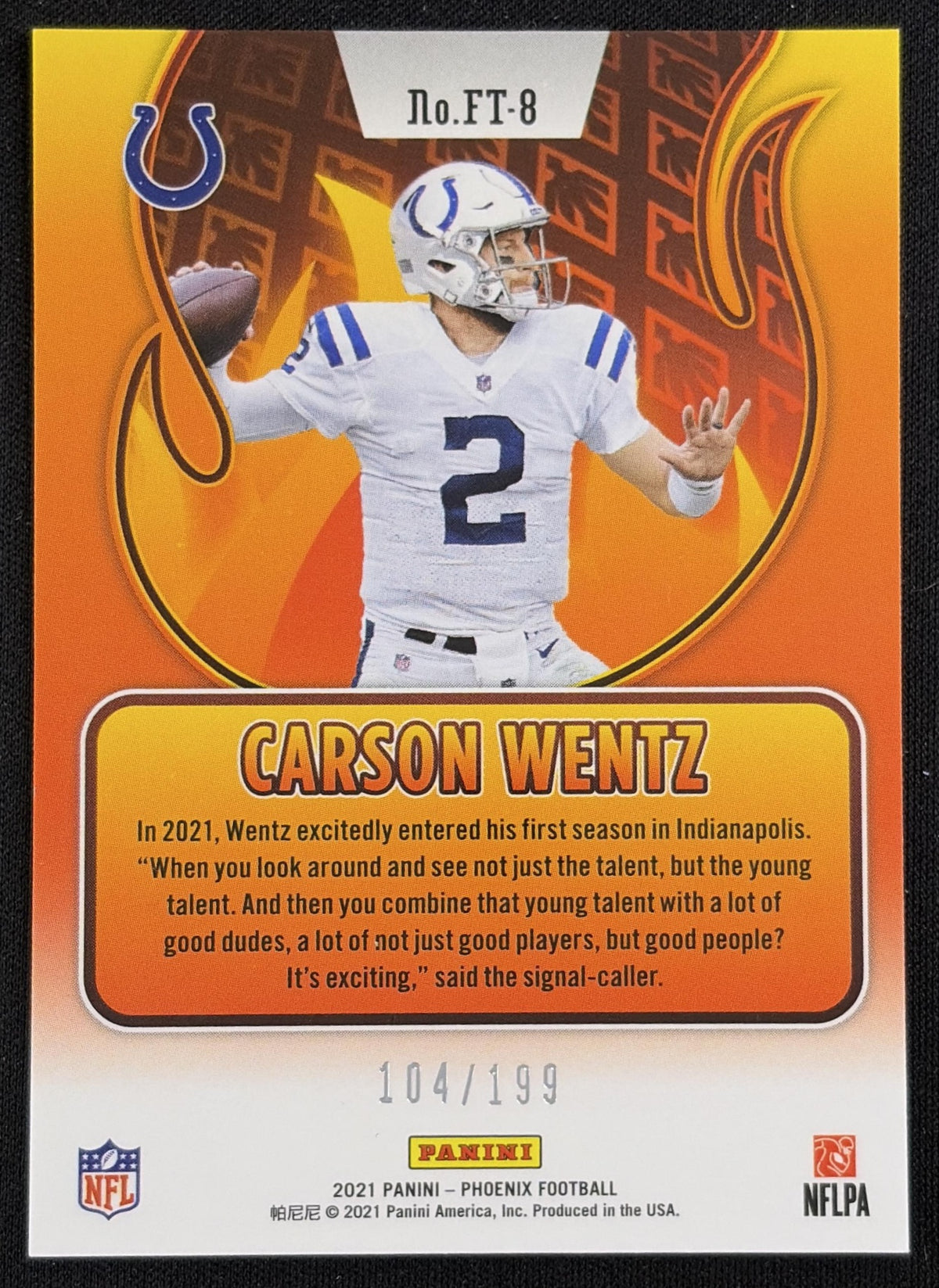 Carson Wentz 2021 Panini Phoenix Flame Throwers Red /199 Colts - Back