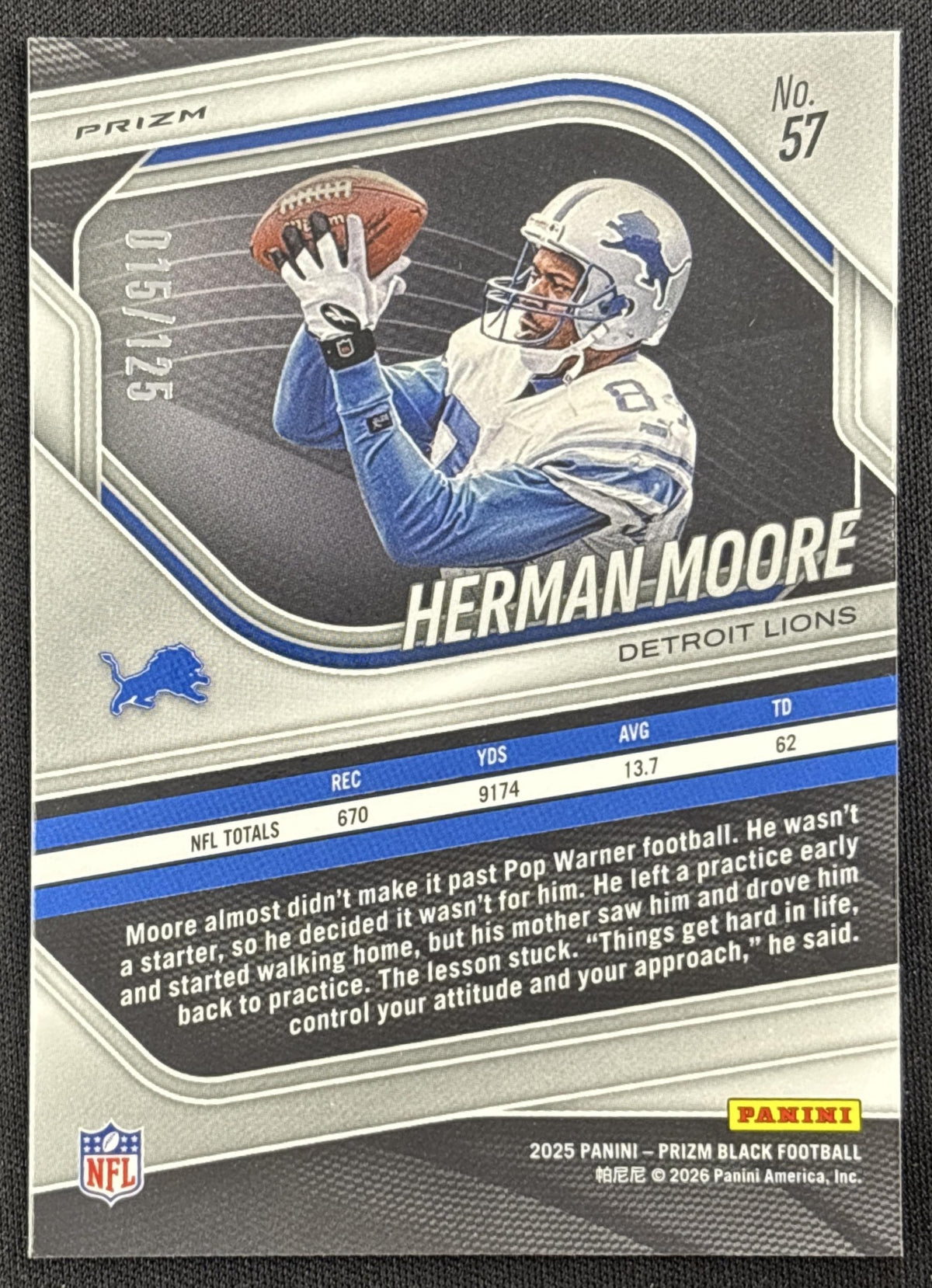 Herman Moore 2025 Panini Prizm Black Blue Ice /125 Lions