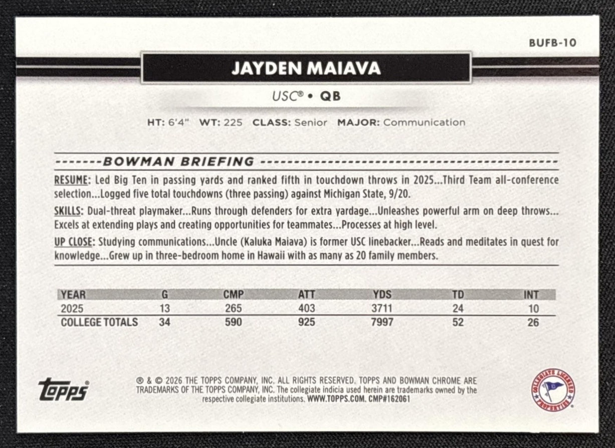 Jayden Maiava 2026 Topps NSCC Collection Bowman U Chrome Sports Trading Cards