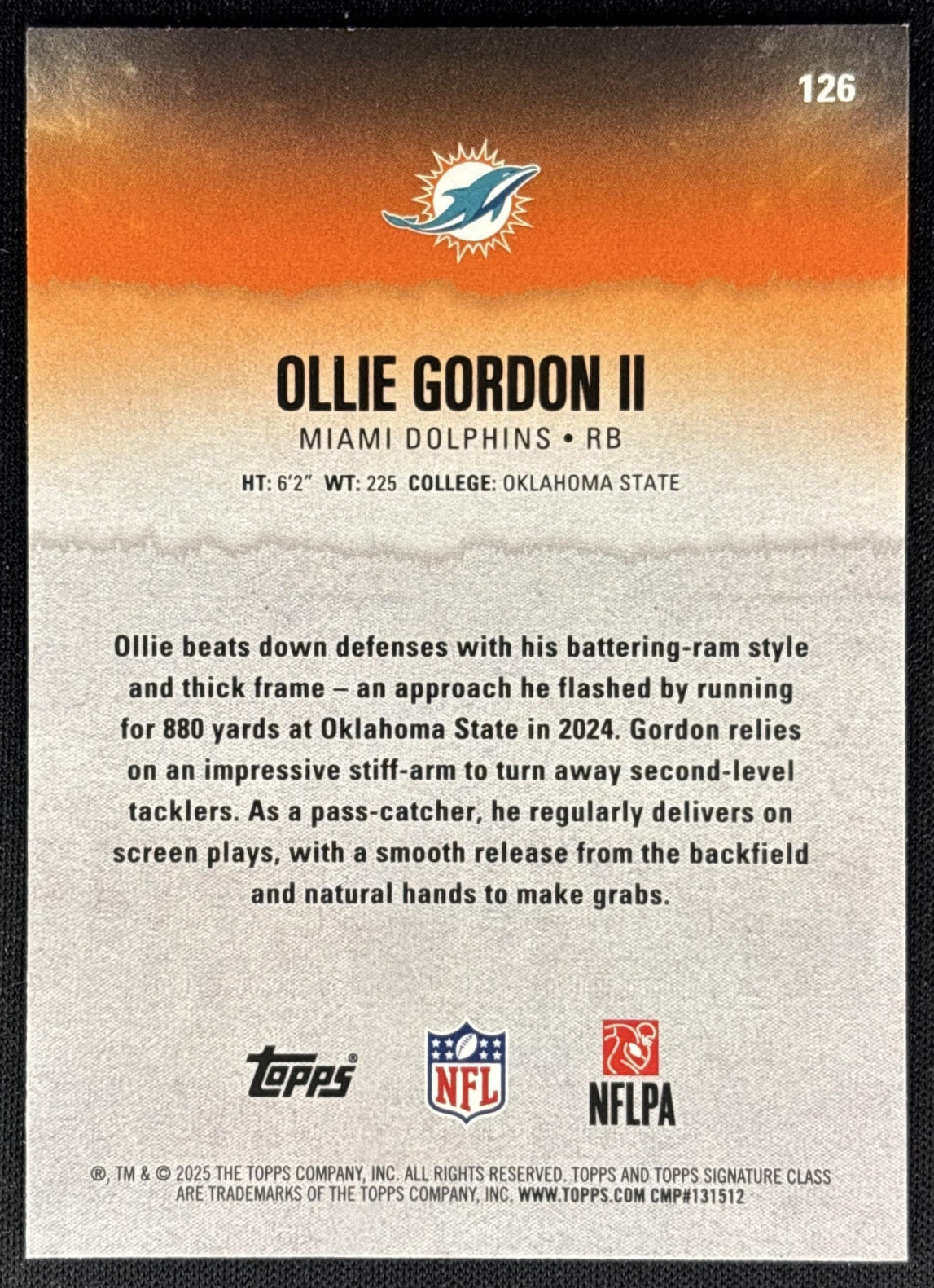 Ollie Gordon II 2025 Topps Signature Class Rookie Blue & Yellow Foil Dolphins - Back