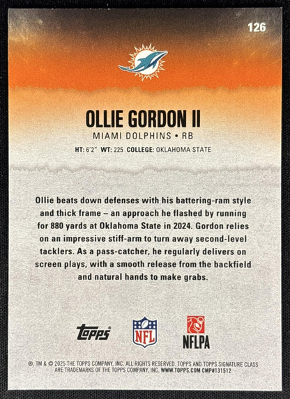 Ollie Gordon II 2025 Topps Signature Class Rookie Blue & Yellow Foil Dolphins - Back