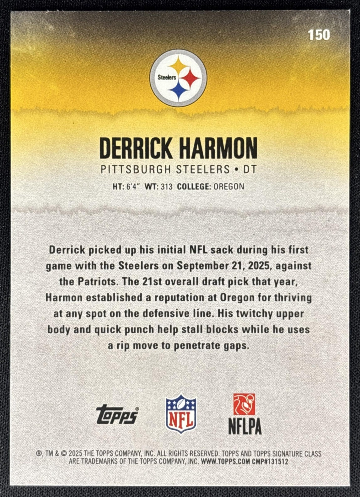 Derrick Harmon 2025 Topps Signature Class Rookie Blue & Yellow Foil Steelers - Back