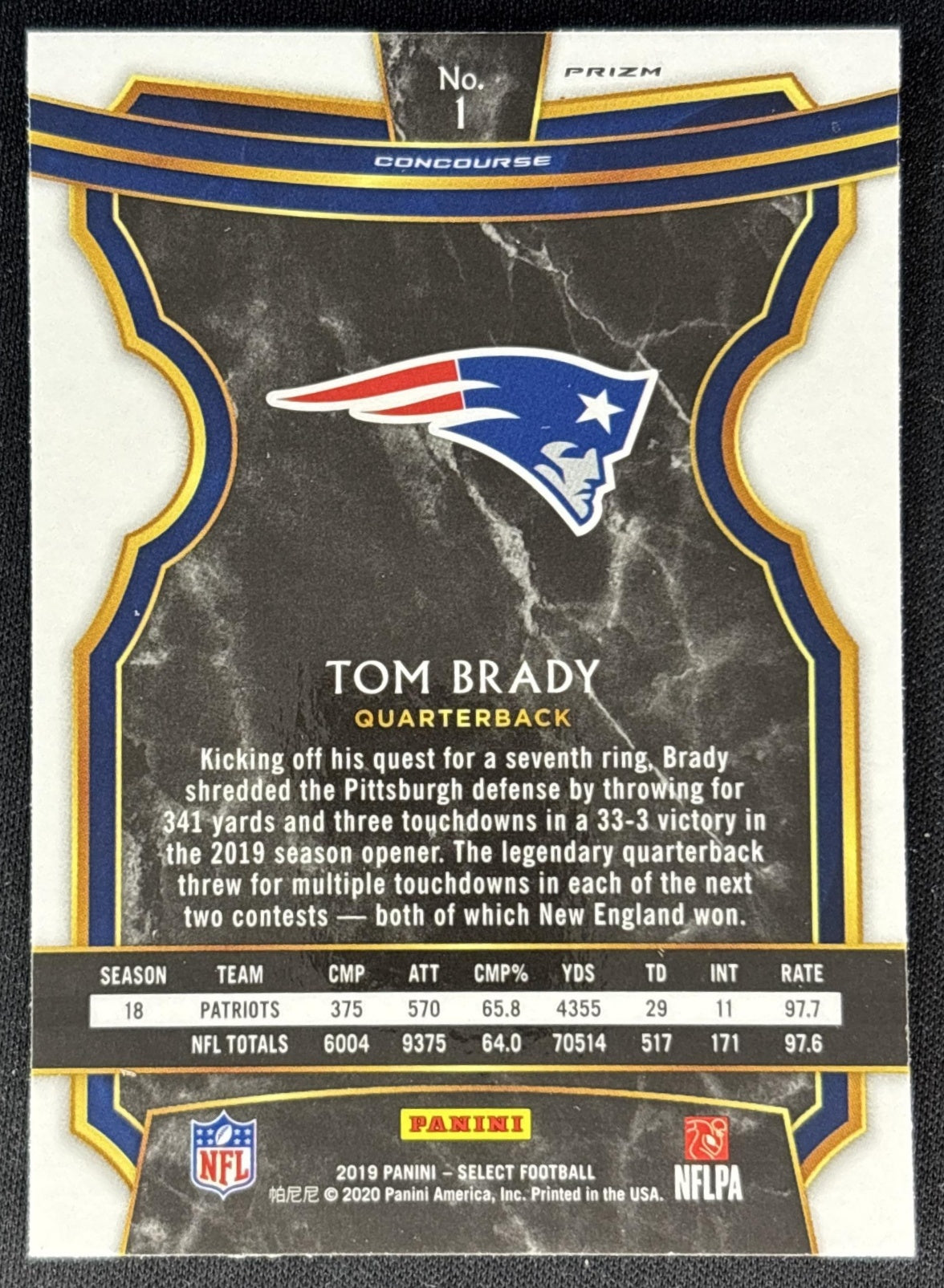 Tom Brady 2019 Panini Select Silver Prizm Patriots Football