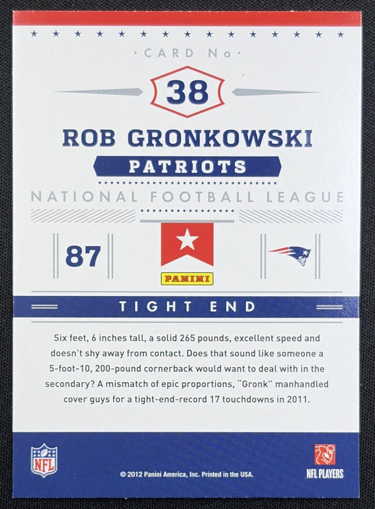 Rob Gronkowski 2012 Panini Prestige Stars of the NFL Patriots New England Patriots