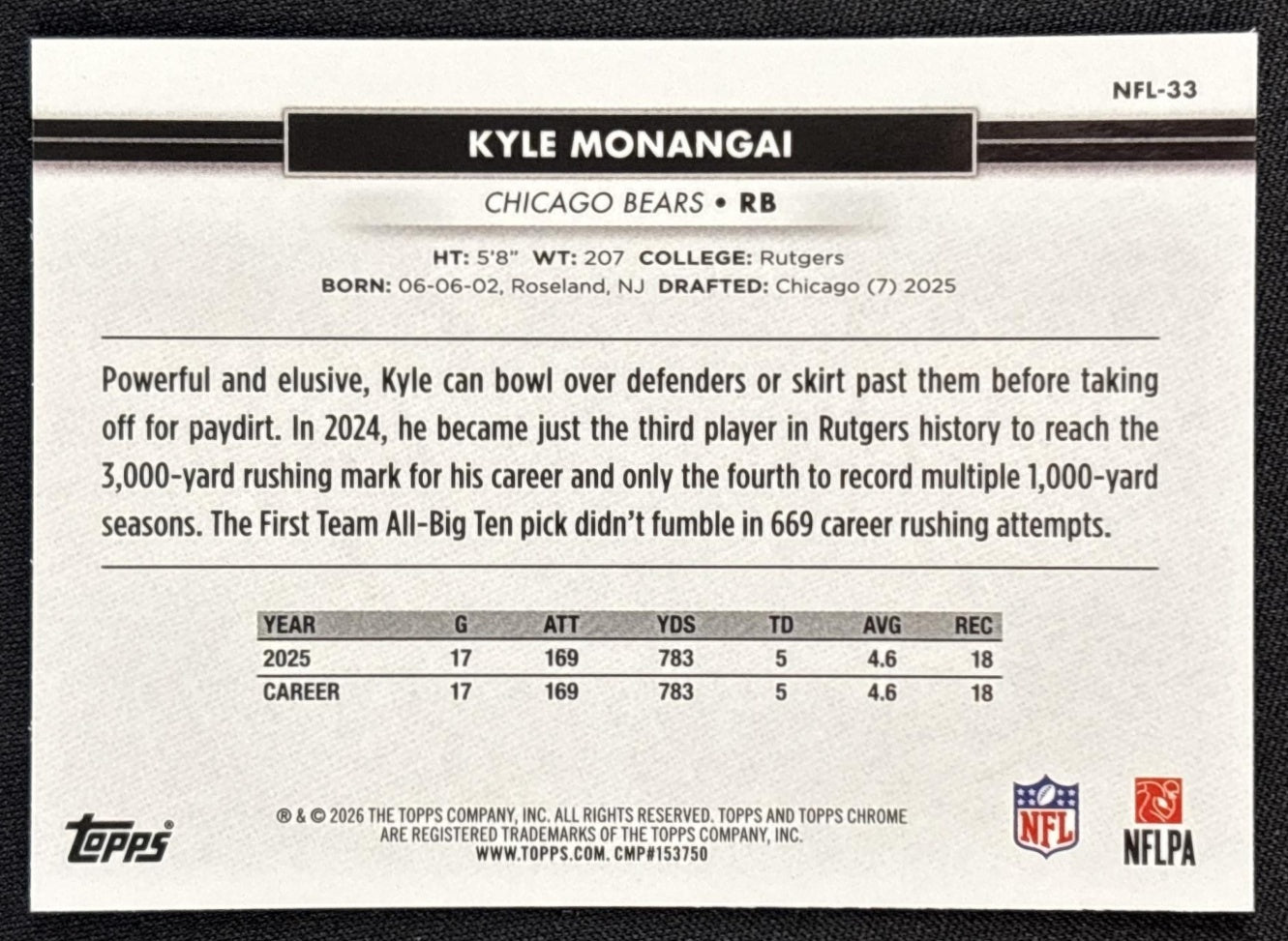 Kyle Monangai 2026 Topps NSCC Collection NFL Bears Sports Trading Cards