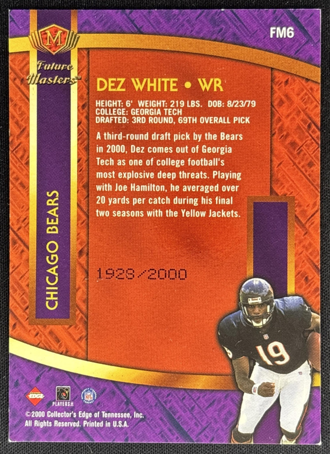 Dez White 2000 Collector's Edge Masters Future Gold /2000 Bears back