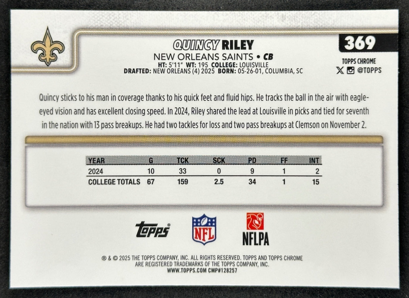 Quincy Riley 2025 Topps Chrome Rookie RayWave Refractor Saints Sports Trading Cards