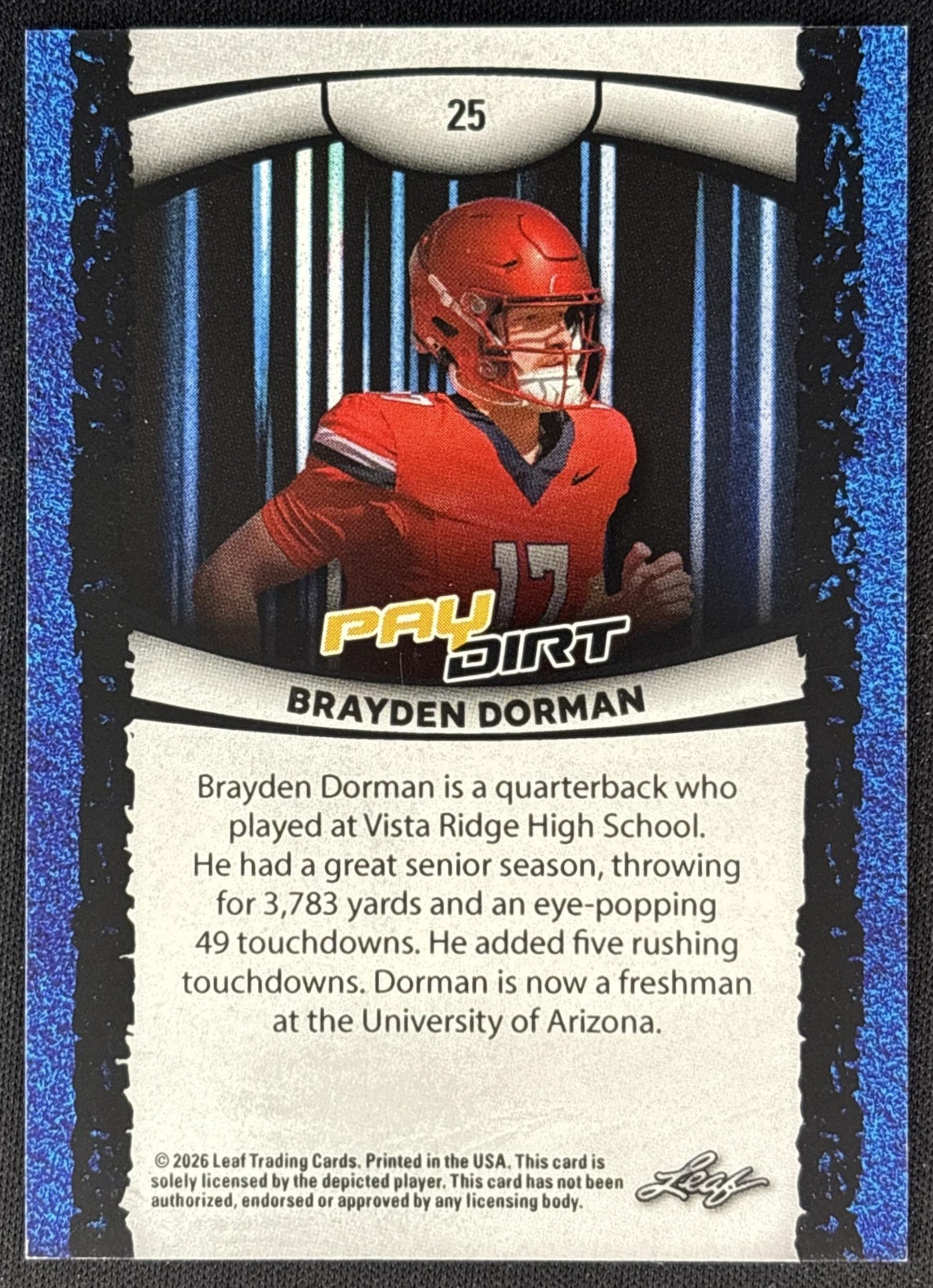 adding leaves to their football helmet Brayden Dorman 2026 Leaf Pay Dirt /99
