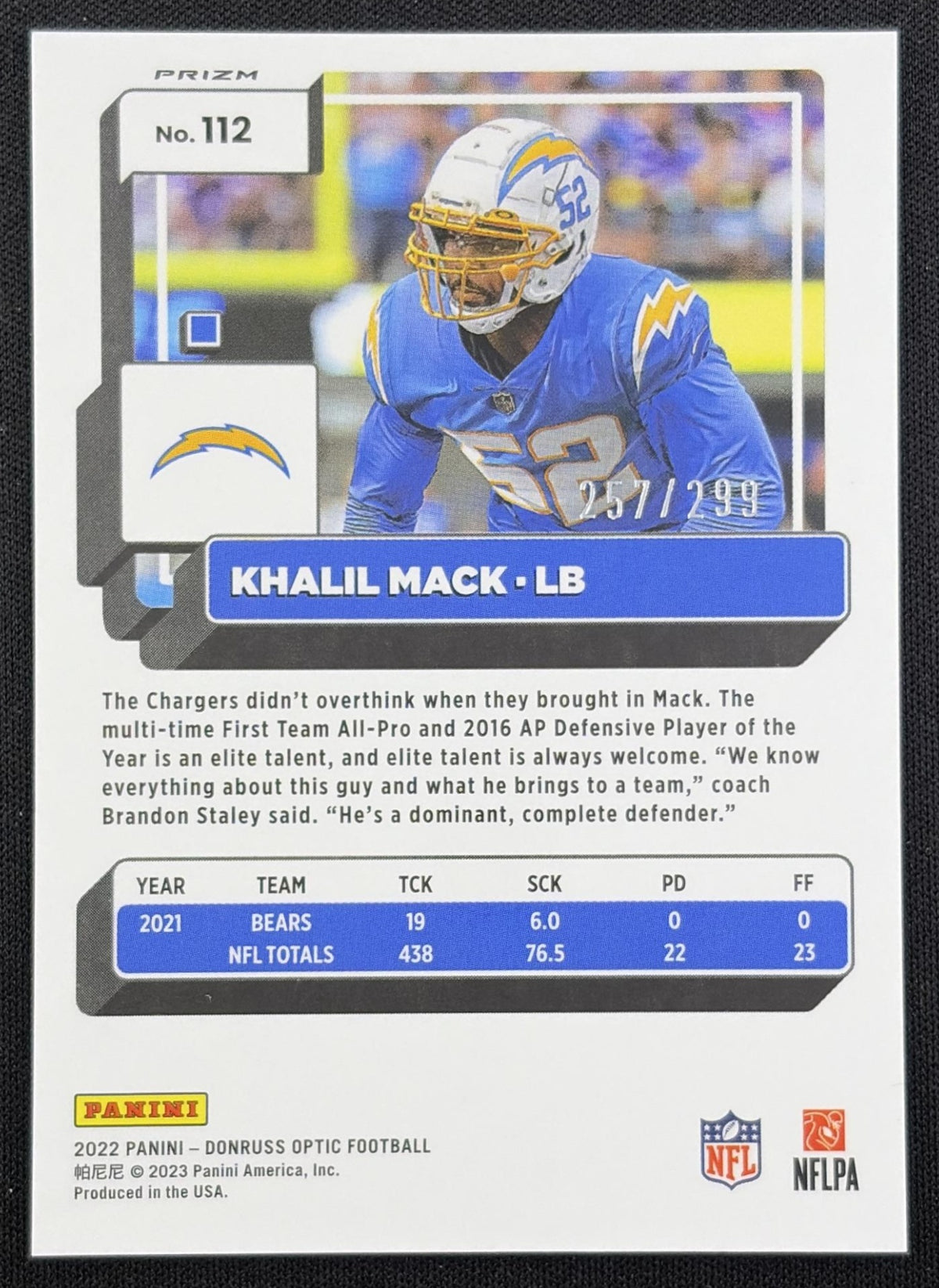 Khalil Mack 2022 Panini Donruss Optic Aqua /299 Chargers