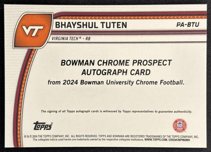 Bhayshul Tuten 2024 Bowman Chrome University Prospect Auto Hokies Back