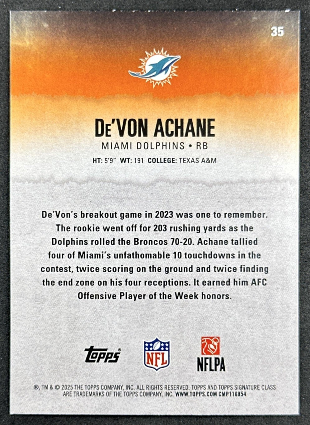 De'Von Achane 2025 Topps Signature Class Veteran Green & Purple Foil Dolphins