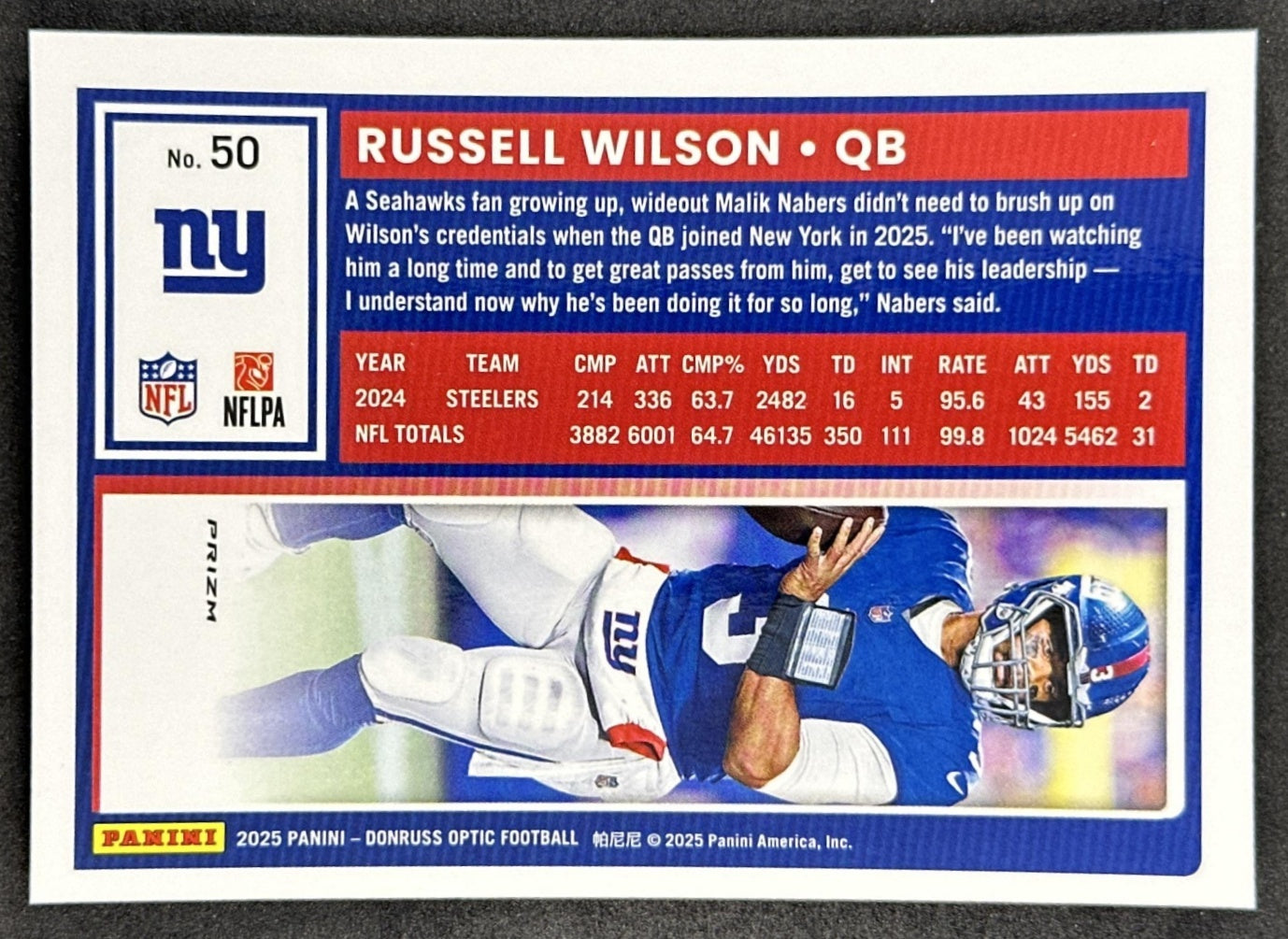 Russell Wilson 2025 Panini Donruss Optic Stars Prizm Giants Sports Trading Card
