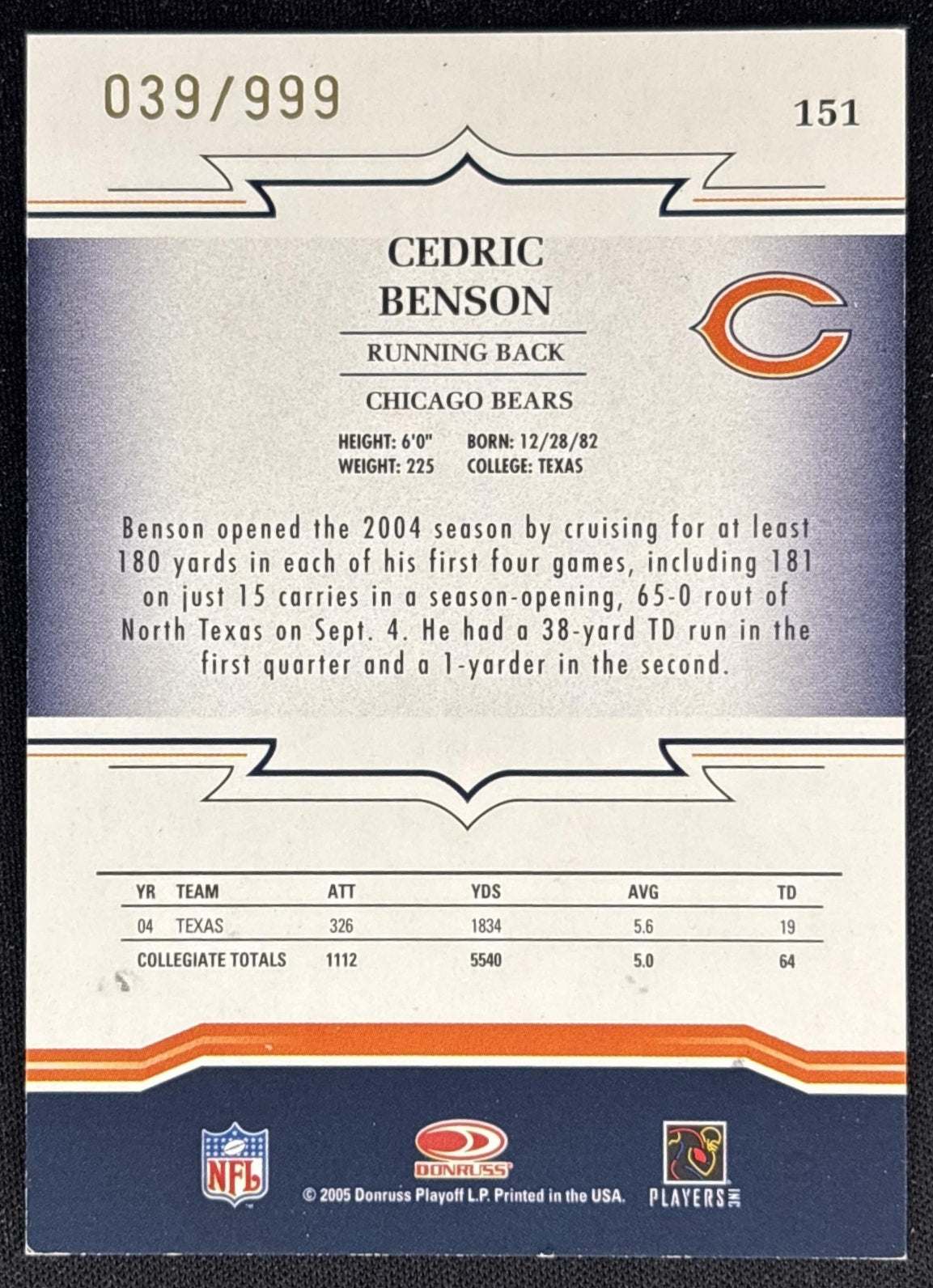 Cedric Benson 2005 Donruss Throwback Threads Retail Foil Rookies /999 Bears back