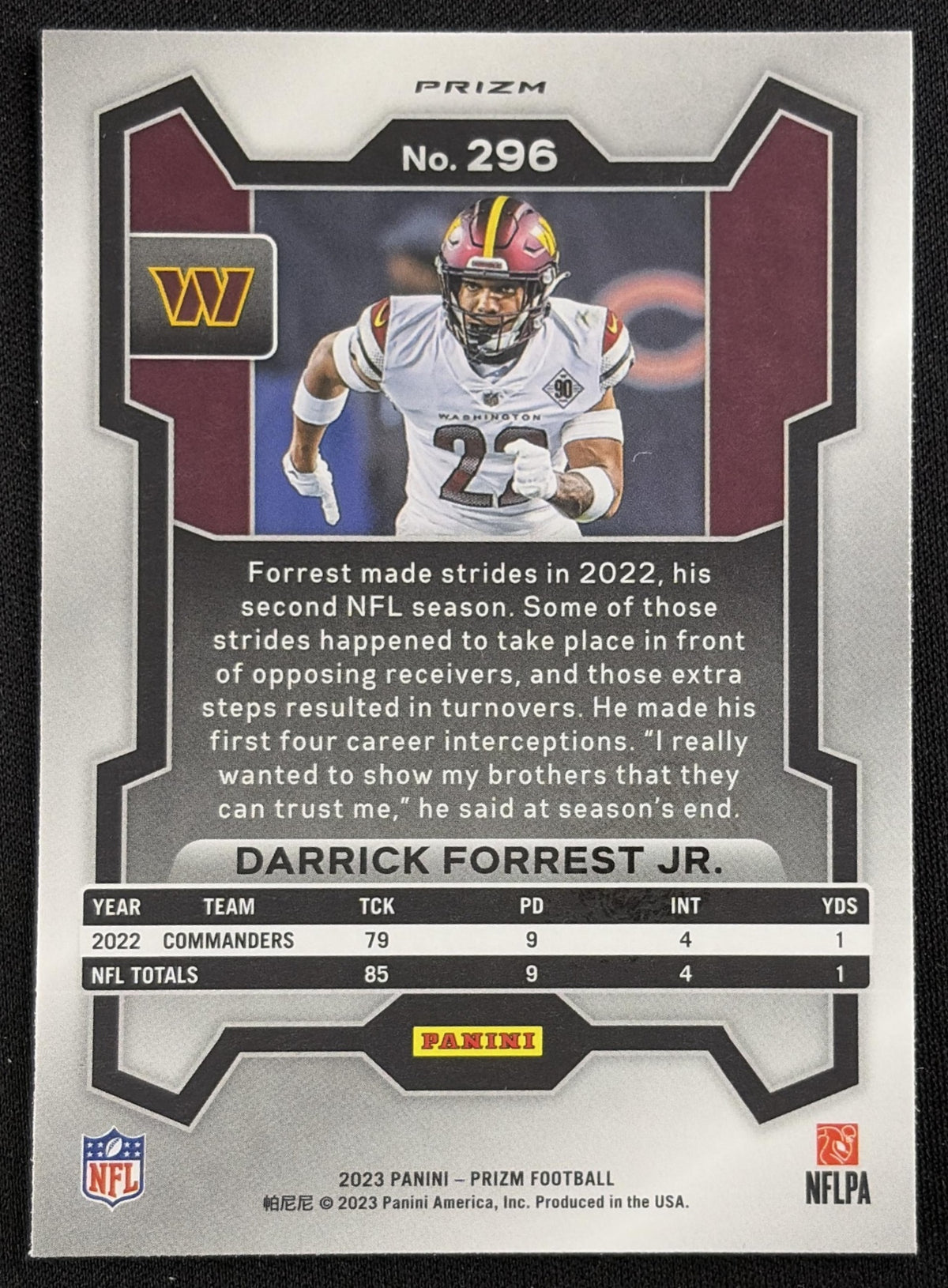 Darrick Forrest Jr. 2023 Panini Prizm Red Sparkle Commanders