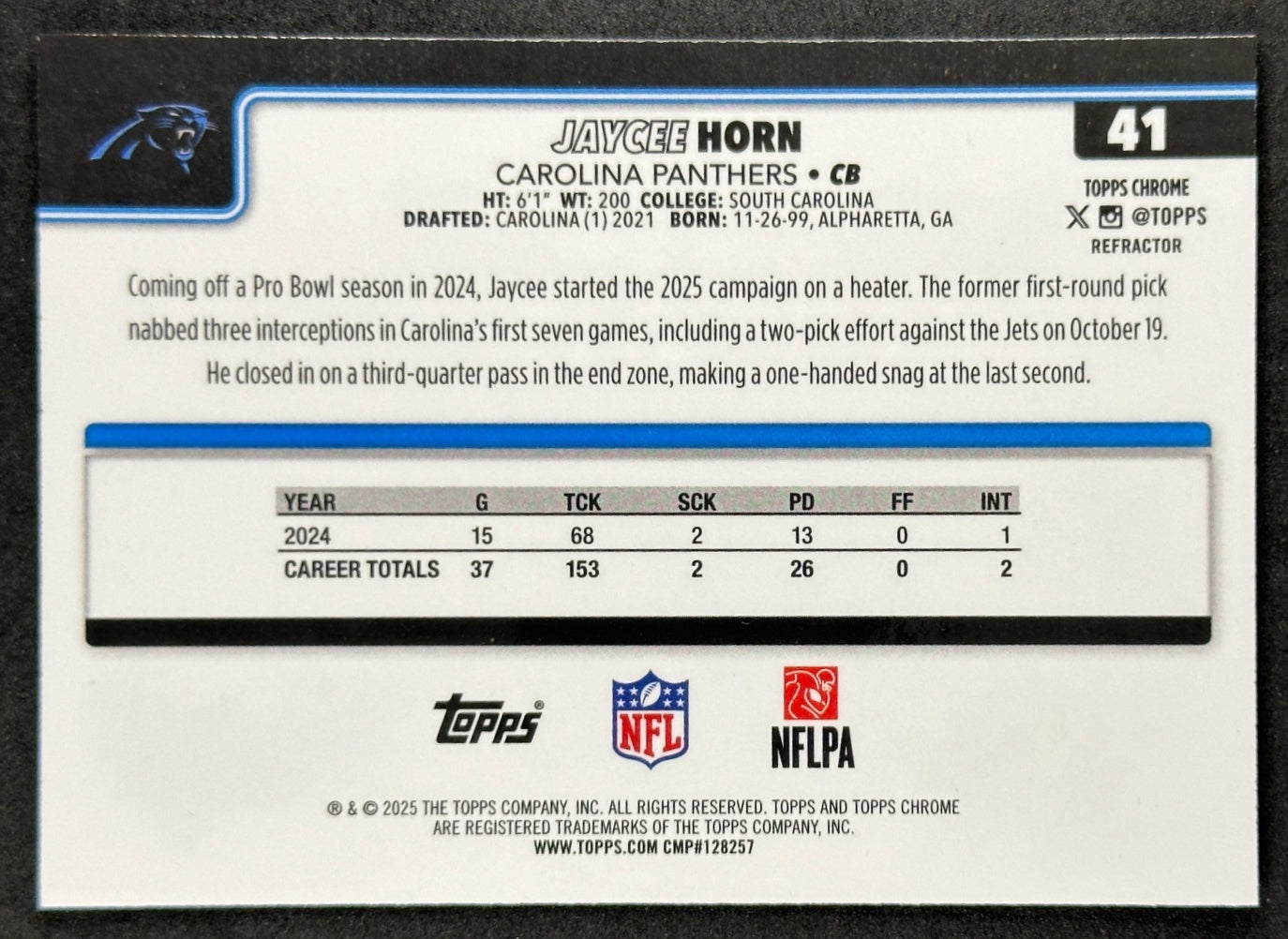 Jaycee Horn 2025 Topps Chrome Refractor Panthers Sports Trading Cards