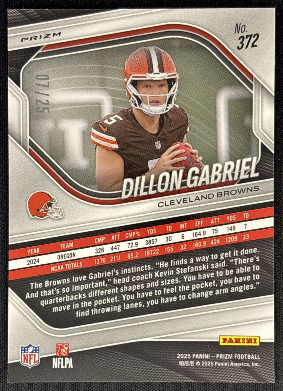 Dillon Gabriel 2025 Panini Prizm Navy Camo /25 Browns back