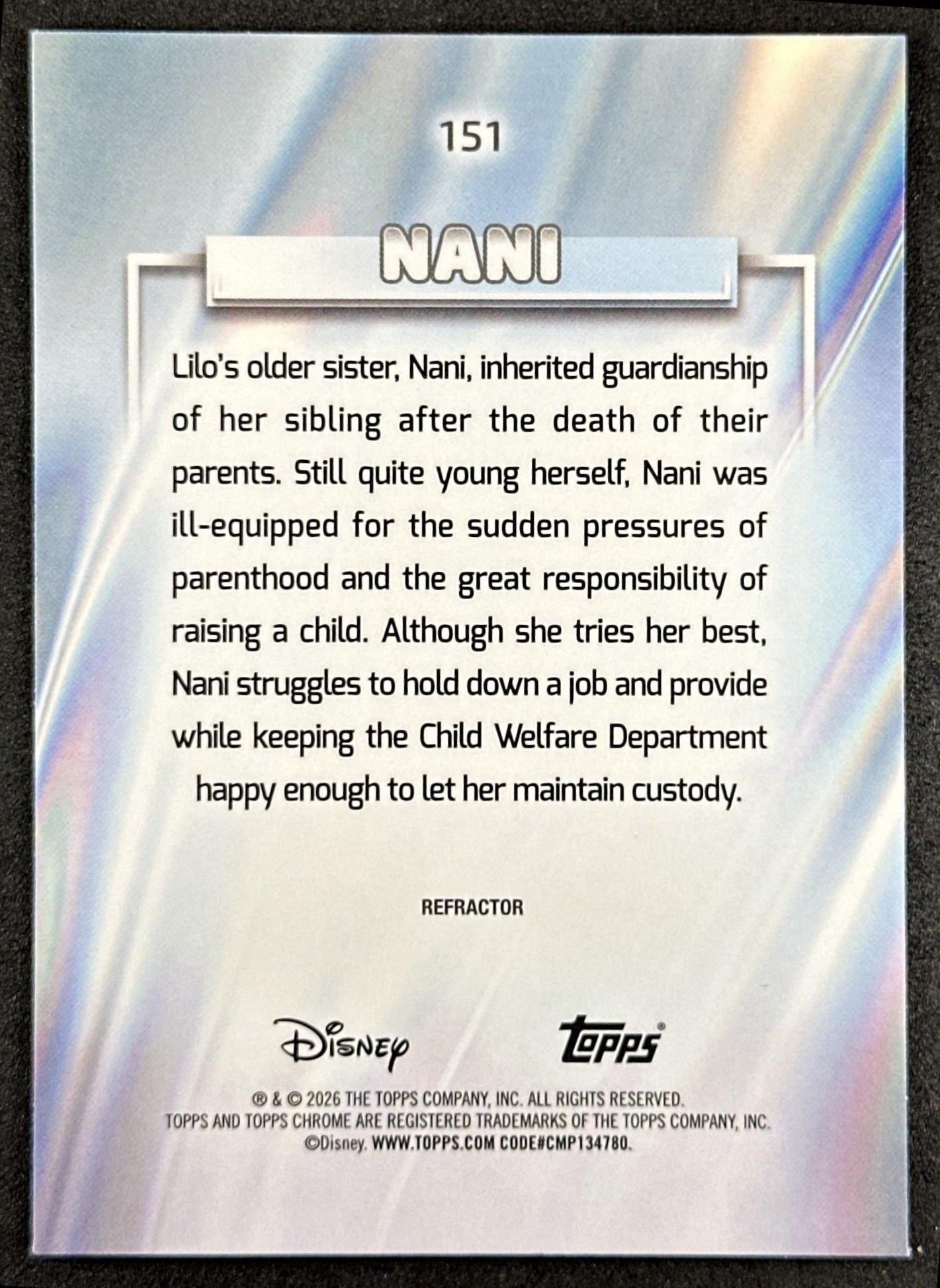 Nani 2026 Topps Chrome Disney Refractor Lilo & Stitch Back