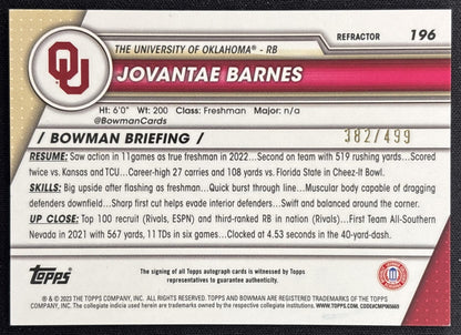 Jovantae Barnes 2023 University Chrome Prospect Auto Refractor /499 Sooners back