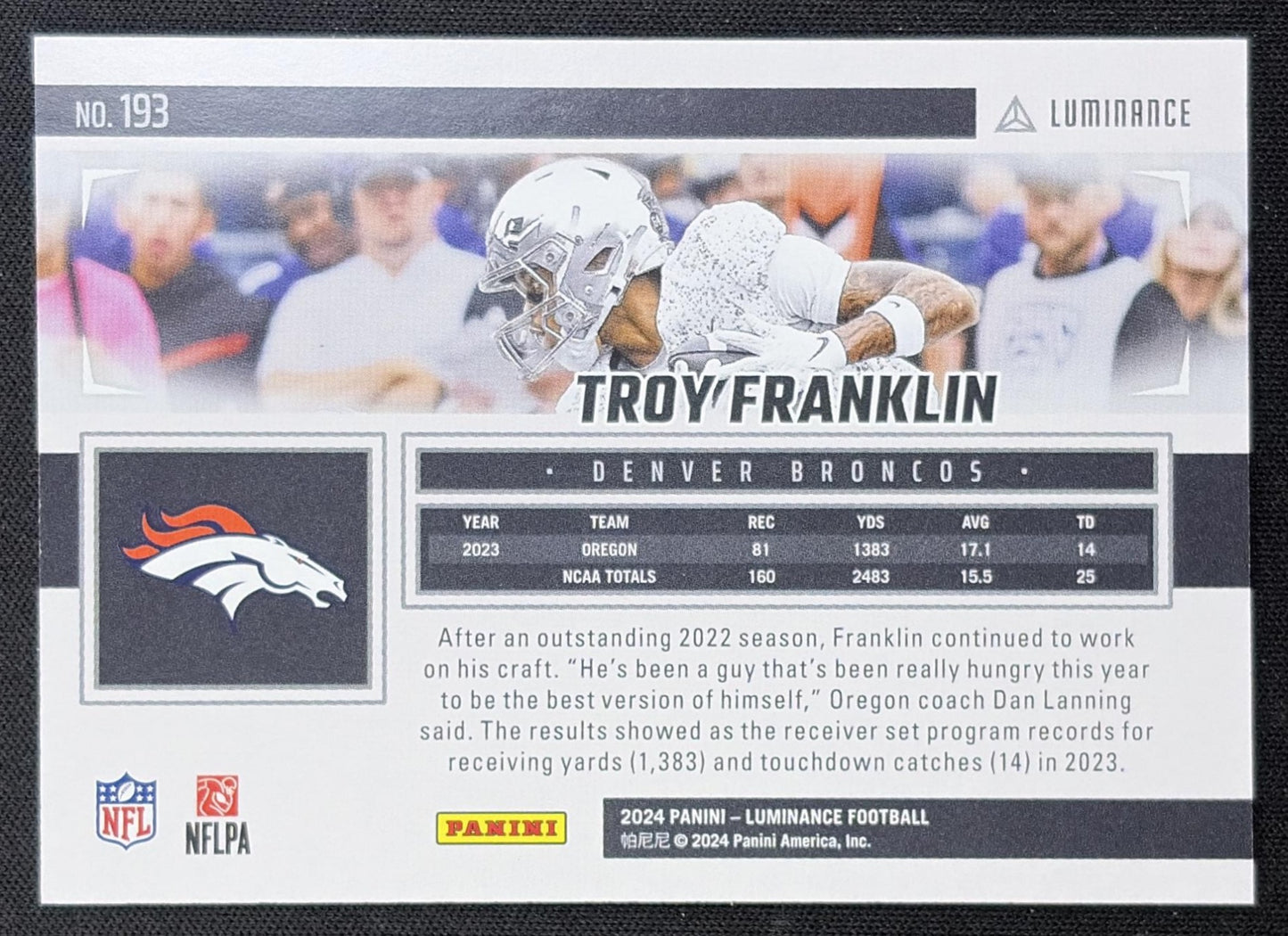 Troy Franklin 2024 Panini Luminance Gold /299 Broncos