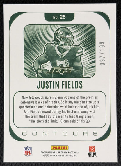 Justin Fields 2025 Panini Phoenix Contours Blue /199 Jets Sports Trading Cards