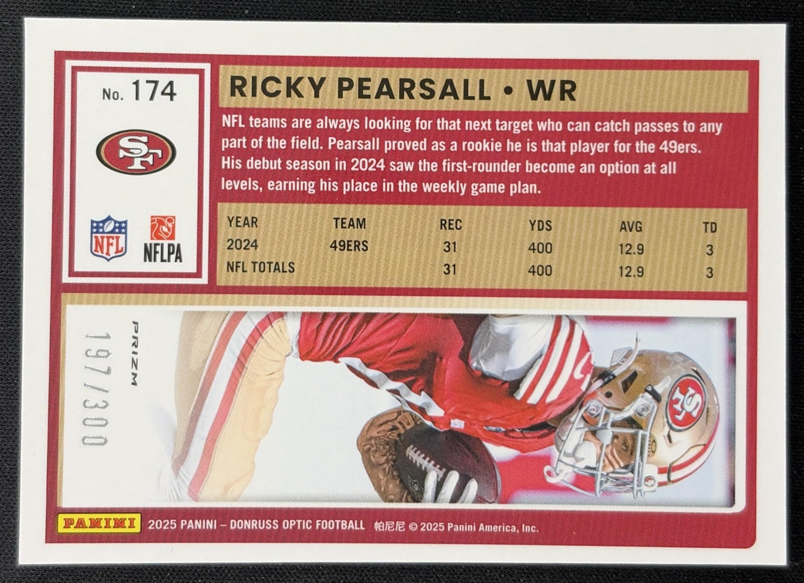 Ricky Pearsall 2025 Panini Donruss Optic Wave Prizm /300 49ers back