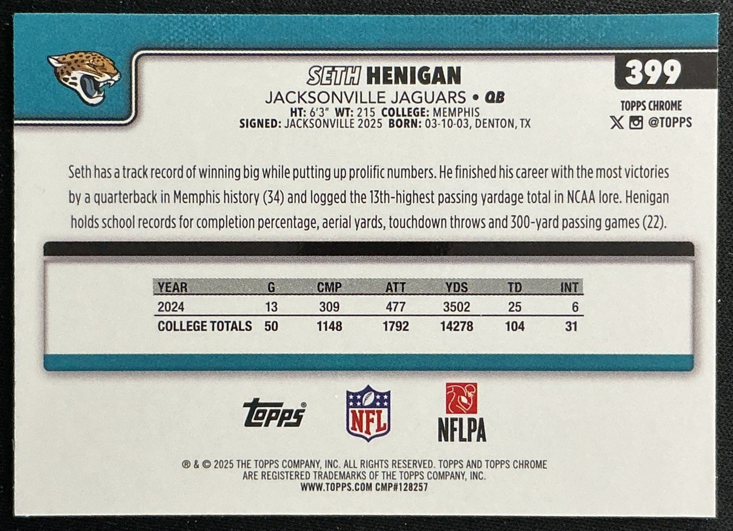 Seth Henigan 2025 Topps Chrome Rookie Jaguars Sports Trading Cards