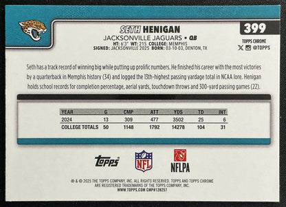 Seth Henigan 2025 Topps Chrome Rookie Jaguars Sports Trading Cards