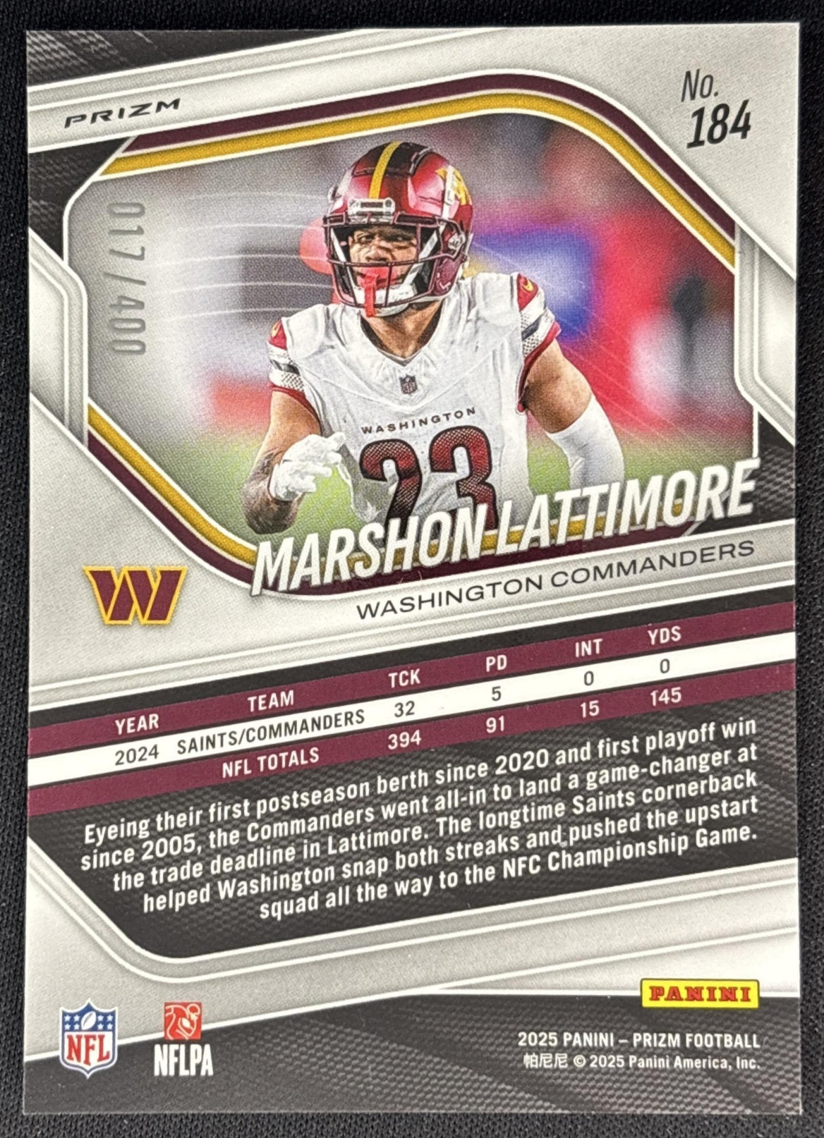 Marshon Lattimore 2025 Panini Prizm Pandora /400 Commanders back