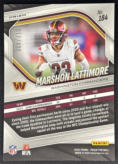 Marshon Lattimore 2025 Panini Prizm Pandora /400 Commanders back