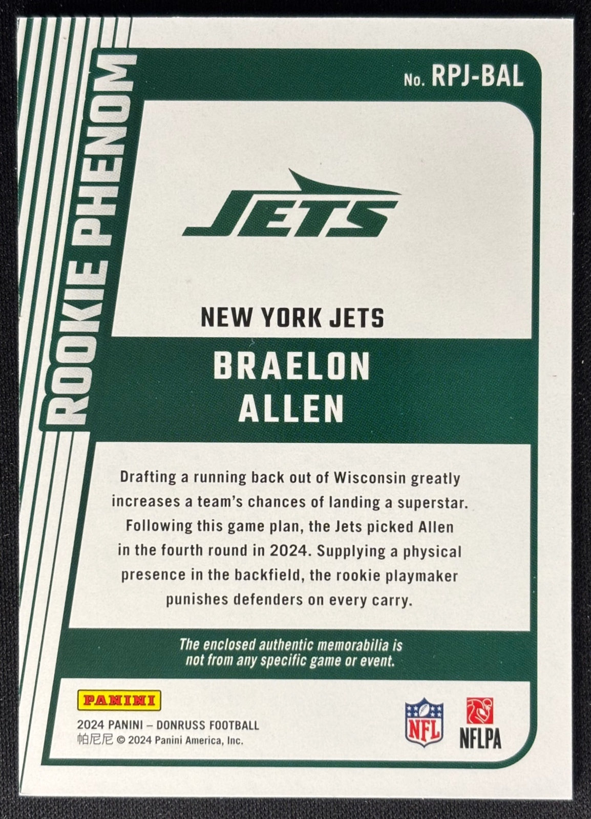 Braelon Allen 2024 Donruss Rookie Phenom Jerseys Jets