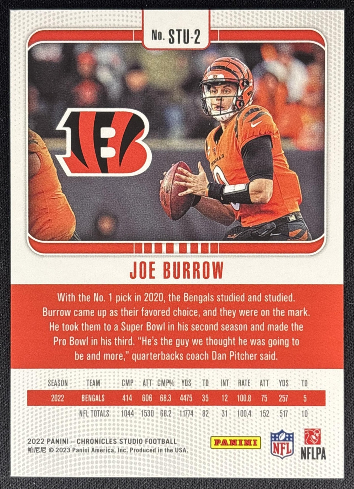 Joe Burrow 2022 Panini Chronicles Studio Green /149 Bengals back