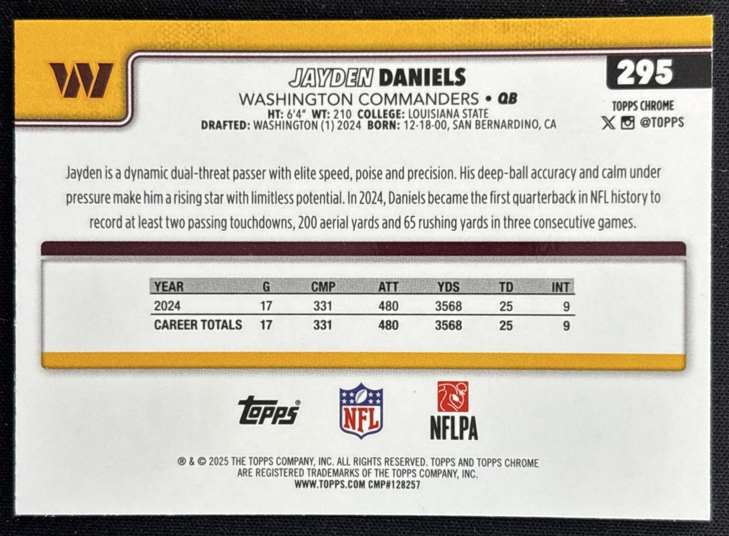 Jayden Daniels 2025 Topps Chrome RayWave Refractor Commanders Back