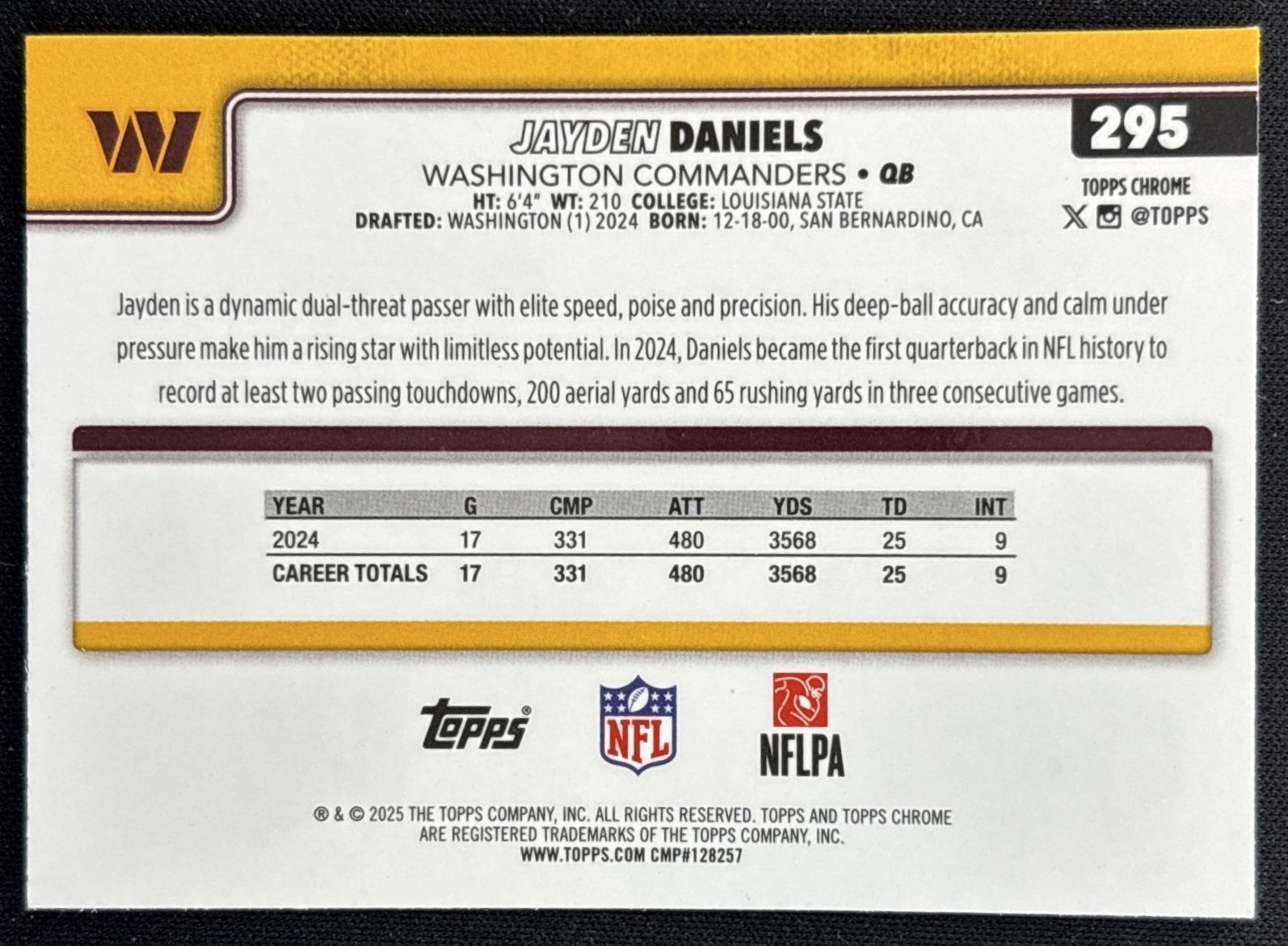 Jayden Daniels 2025 Topps Chrome RayWave Refractor Commanders Back