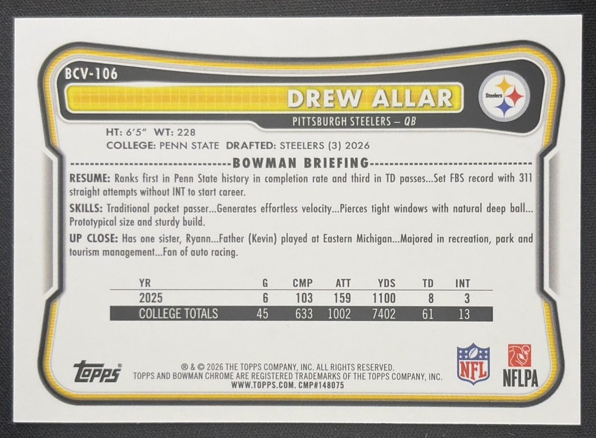 Drew Allar 2026 Bowman Chrome NFL Speckle Refractor Steelers
