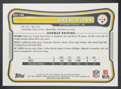 Drew Allar 2026 Bowman Chrome NFL Speckle Refractor Steelers