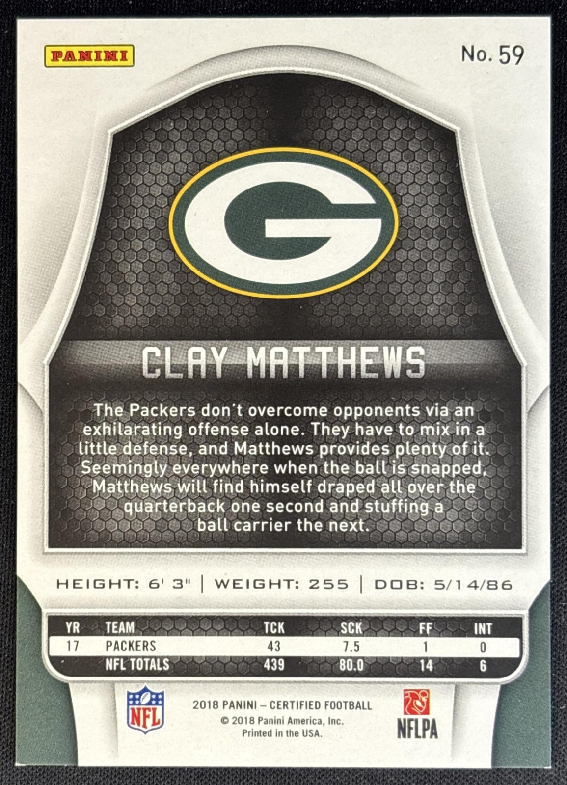 Clay Matthews 2018 Panini Certified Mirror Silver /499 Packers back