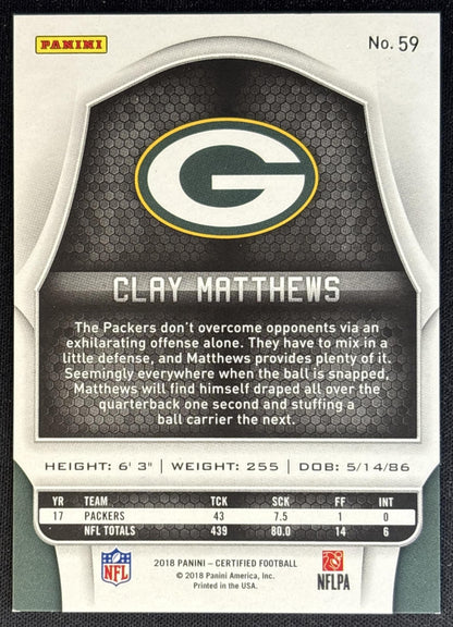 Clay Matthews 2018 Panini Certified Mirror Silver /499 Packers back
