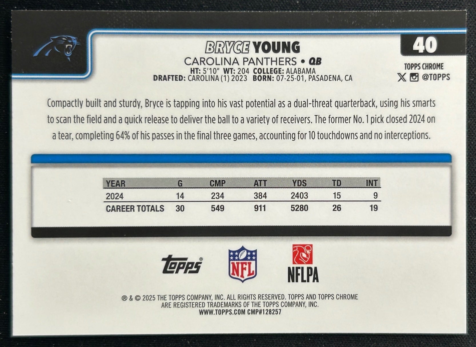 Bryce Young 2025 Topps Chrome Panthers Sports Trading Cards