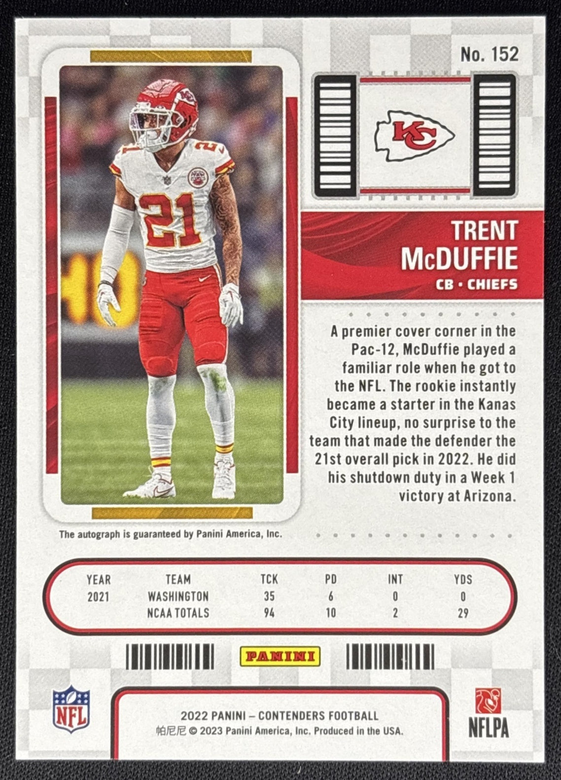 Trent McDuffie 2022 Panini Contenders Chiefs Sports Trading Cards