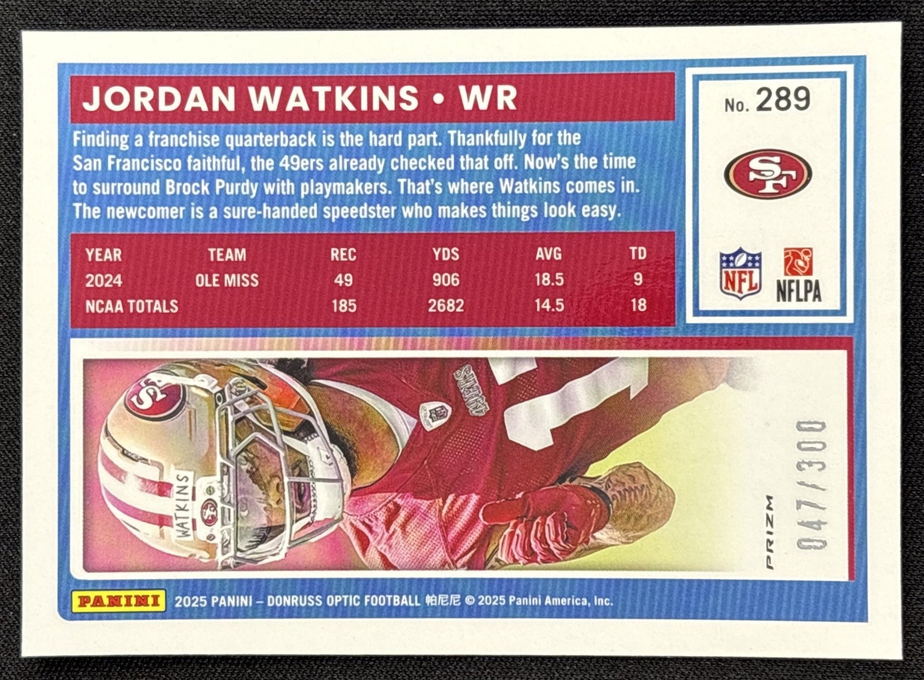 Jordan Watkins 2025 Panini Donruss Optic Rated Rookie Wave Prizm /300 49ers
