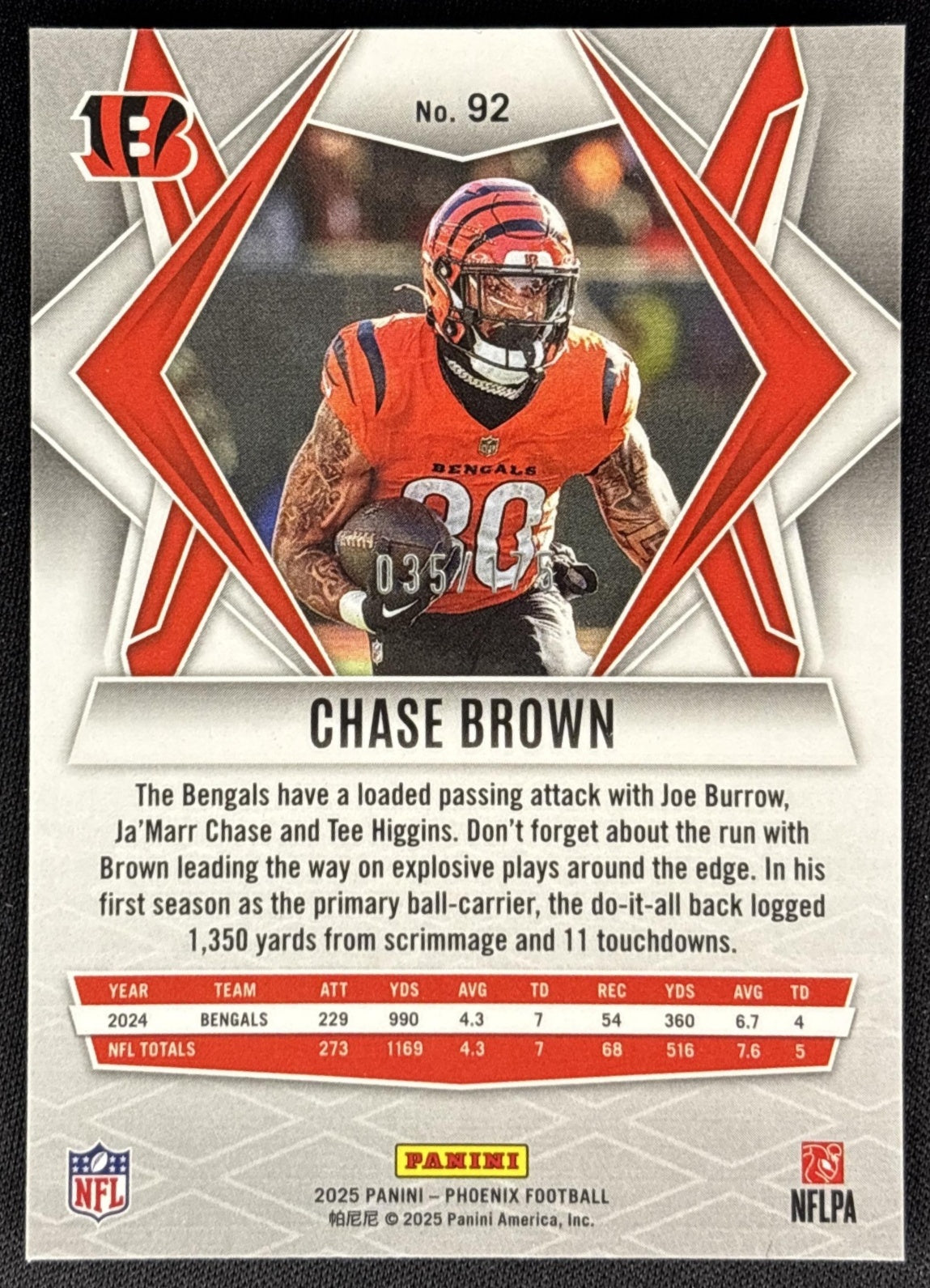 Chase Brown 2025 Panini Phoenix Teal Lava Prizm /175 Bengals Sports Trading Cards