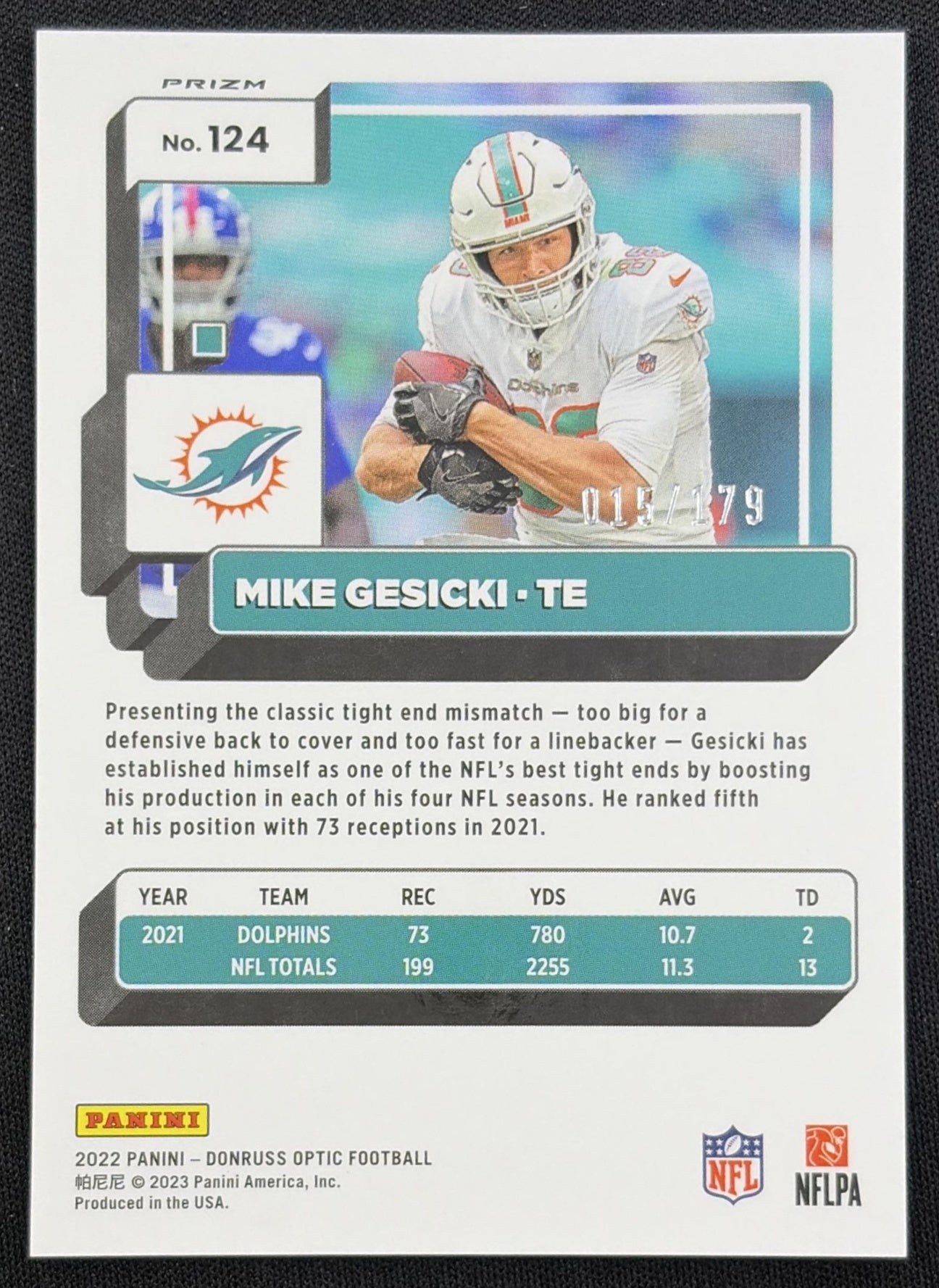 Mike Gesicki 2022 Panini Donruss Optic Blue /179 Dolphins