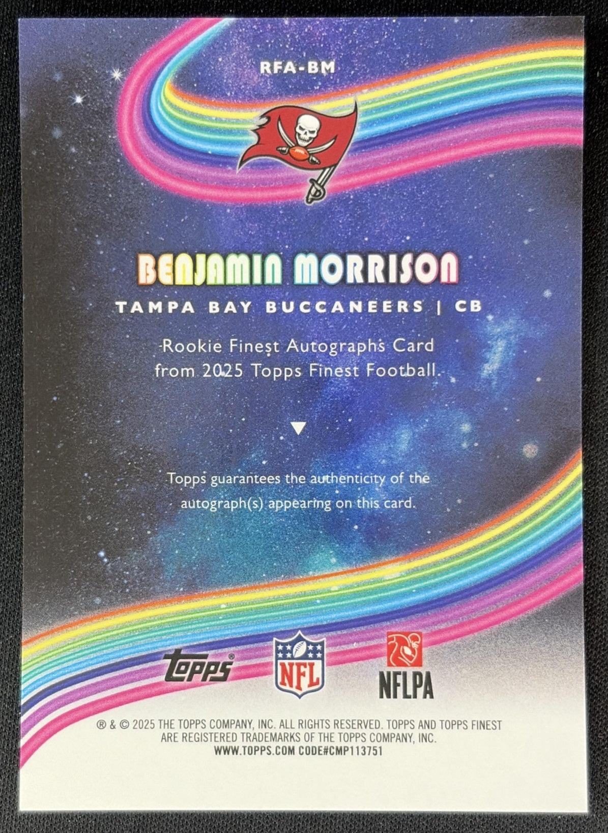 Benjamin Morrison 2025 Topps Finest Rookie Auto Buccaneers 1 back