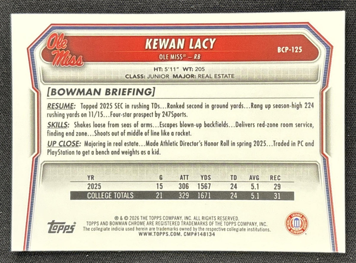Kewan Lacy 2026 Bowman Chrome Prospects Rebels back