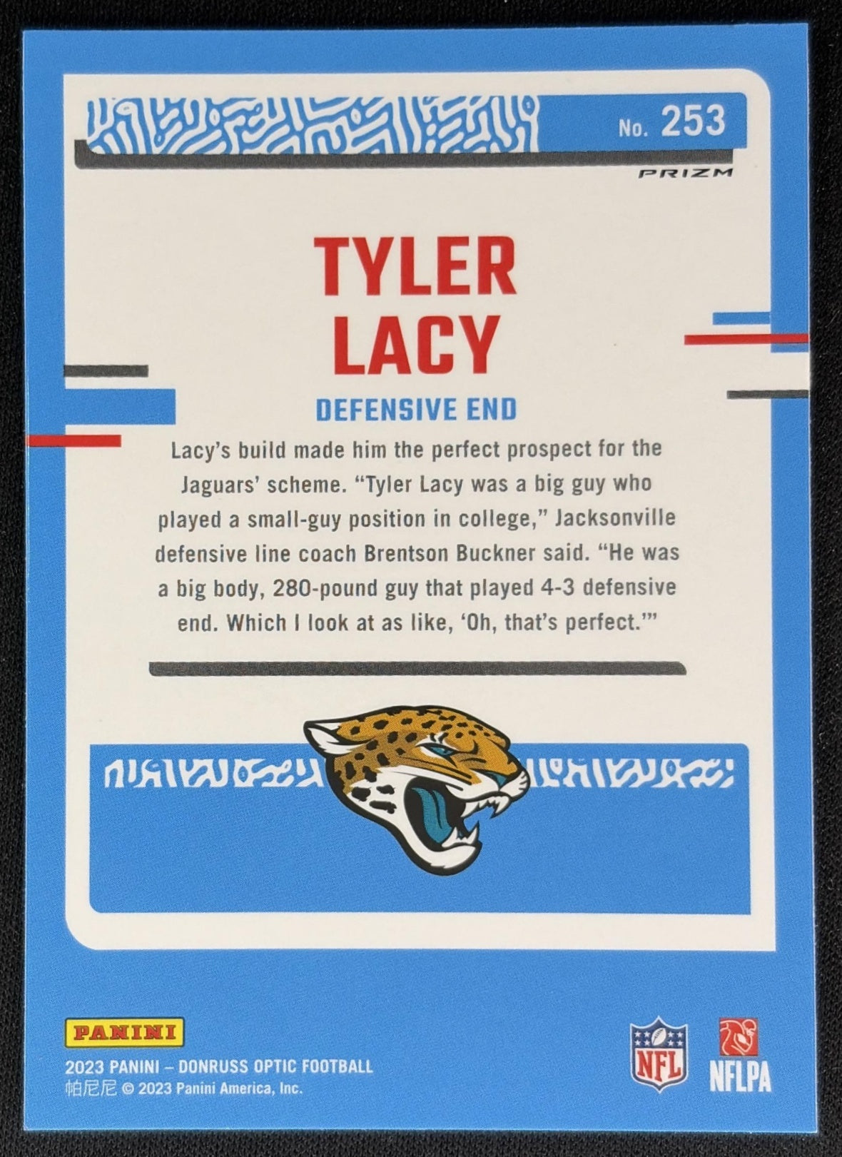Tyler Lacy 2023 Panini Donruss Optic Blue Glitter Prizm Jaguars back