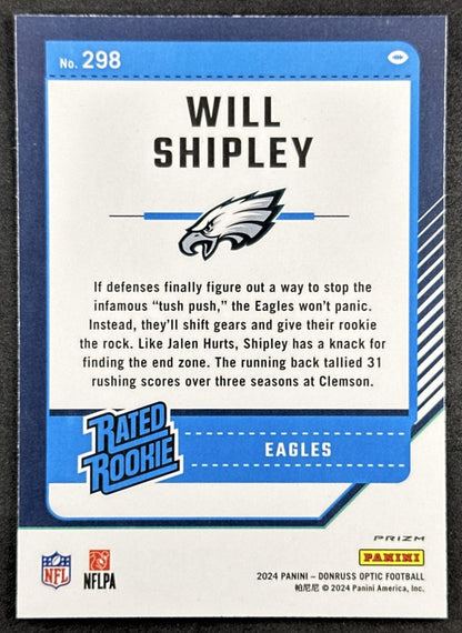 Will Shipley 2024 Panini Donruss Optic Purple Shock Eagles Back