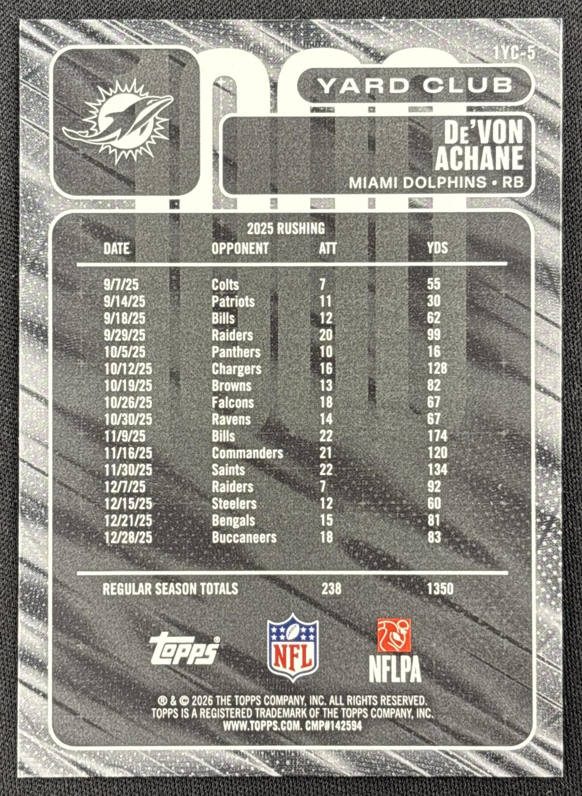 De'Von Achane 2026 Topps 1000 Yard Club Green Foil /99 Dolphins