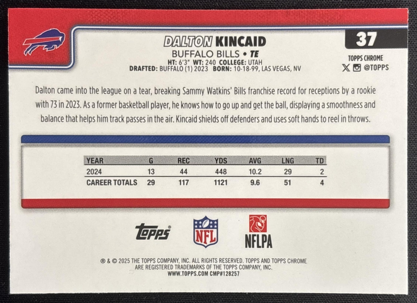 Dalton Kincaid 2025 Topps Chrome Blue Wave Refractor /150 Bills Sports Trading Cards