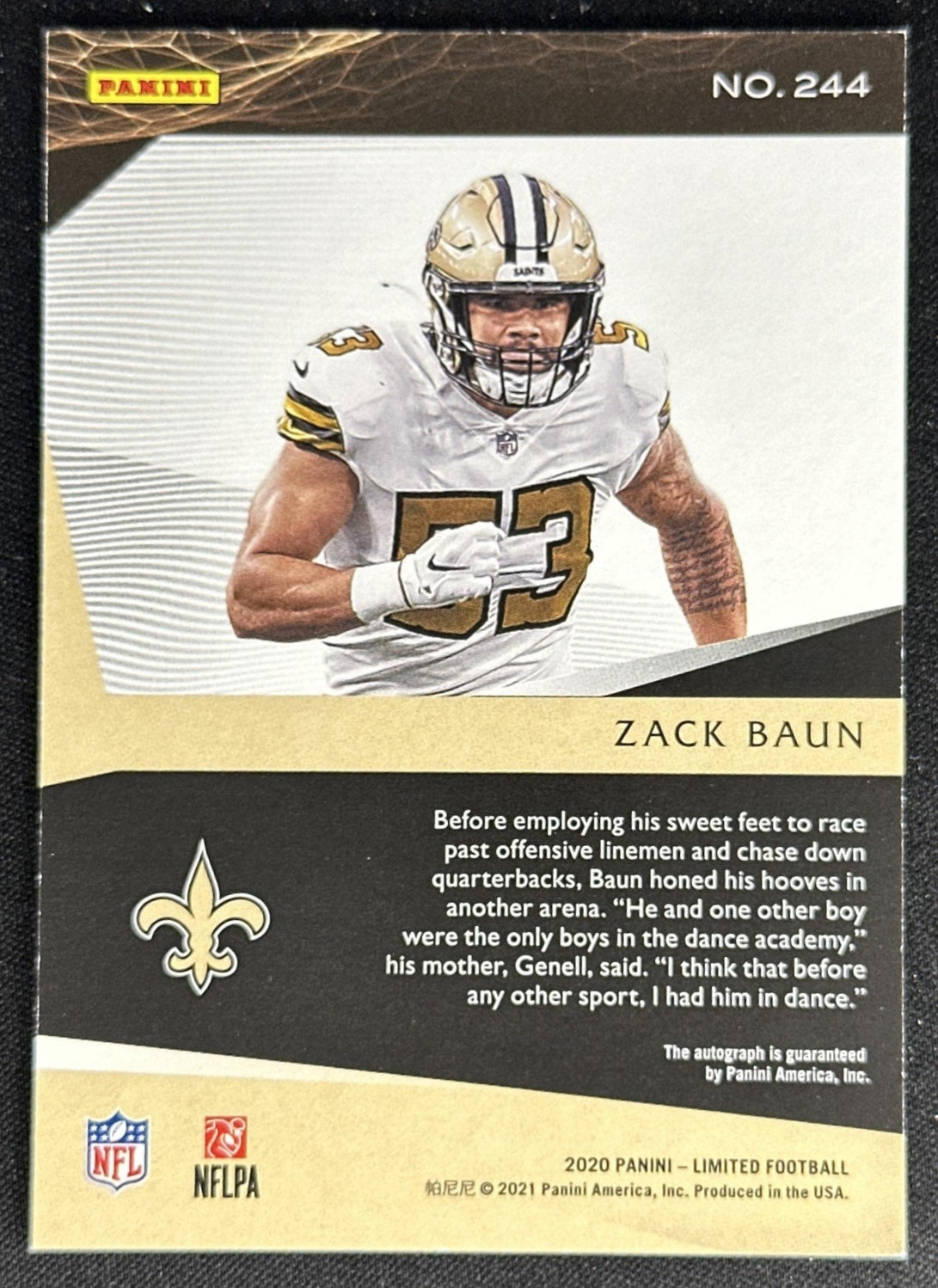 Zack Baun 2020 Panini Limited Silver Spotlight Auto /99 Saints Sports Trading Card