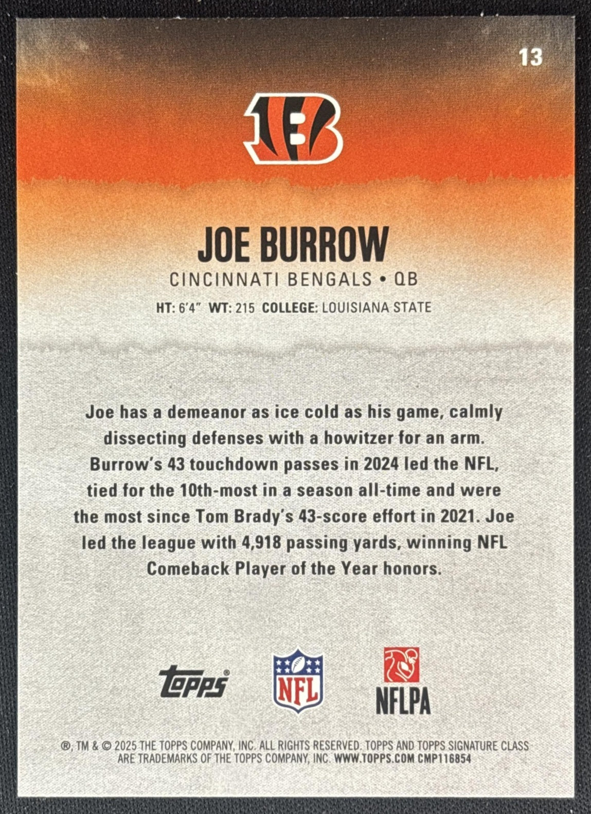 Joe Burrow 2025 Topps Signature Class Veteran Green & Purple Foil Bengals back